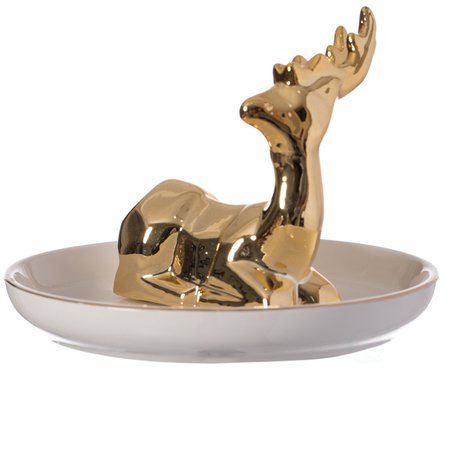 UNIQUEWISE Modern Ceramic Trinket Dish Accent Plate Jewelry Holder White Plate and Gold Deer QI004368.DR